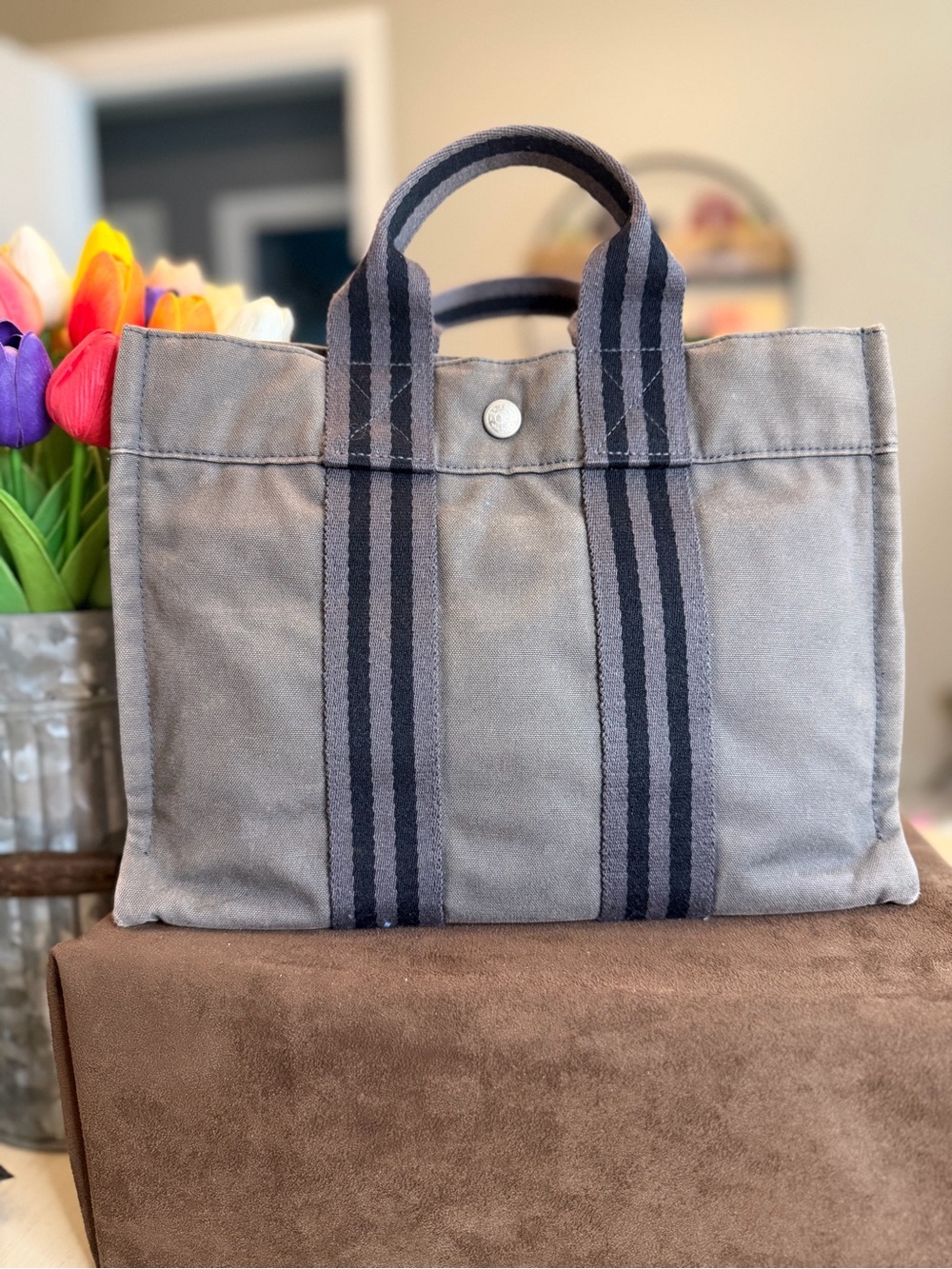 *COA* Hermes Gray Fourre Tout Canvas Tote with Black Striped Handles